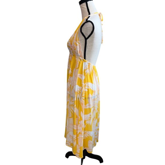 Yellow & White Tropical Halter Dress | Deep V-Neck | Open Back | Size 4-6 - Picture 7 of 9